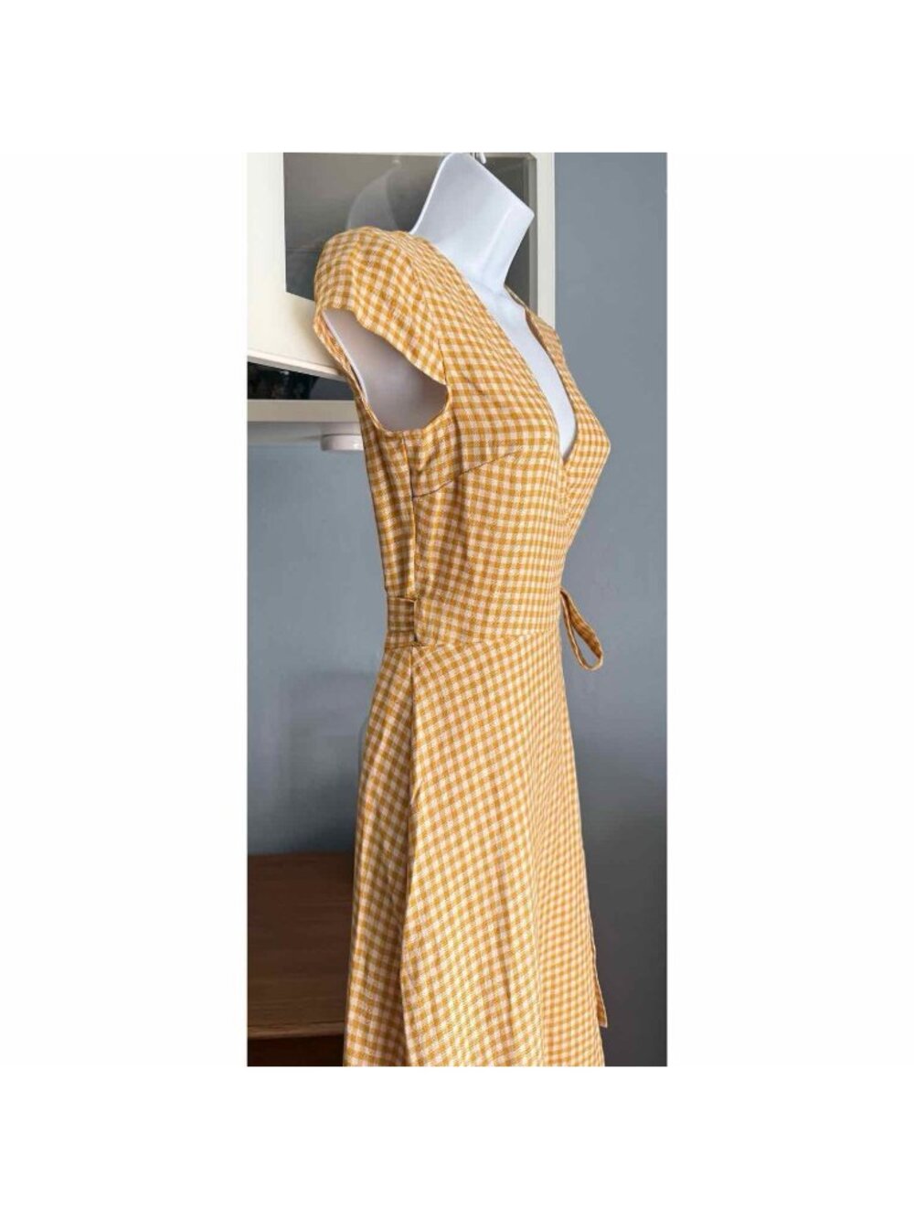 & Other Stories Gingham Check Linen Maxi Midi Wrap Dress Mustard Yellow White - Picture 6 of 10